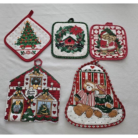 Vintage Christmas Potholder Oven Mitt Set Of 5 Bear Candle Tree Birdhouse - Picture 1 of 10